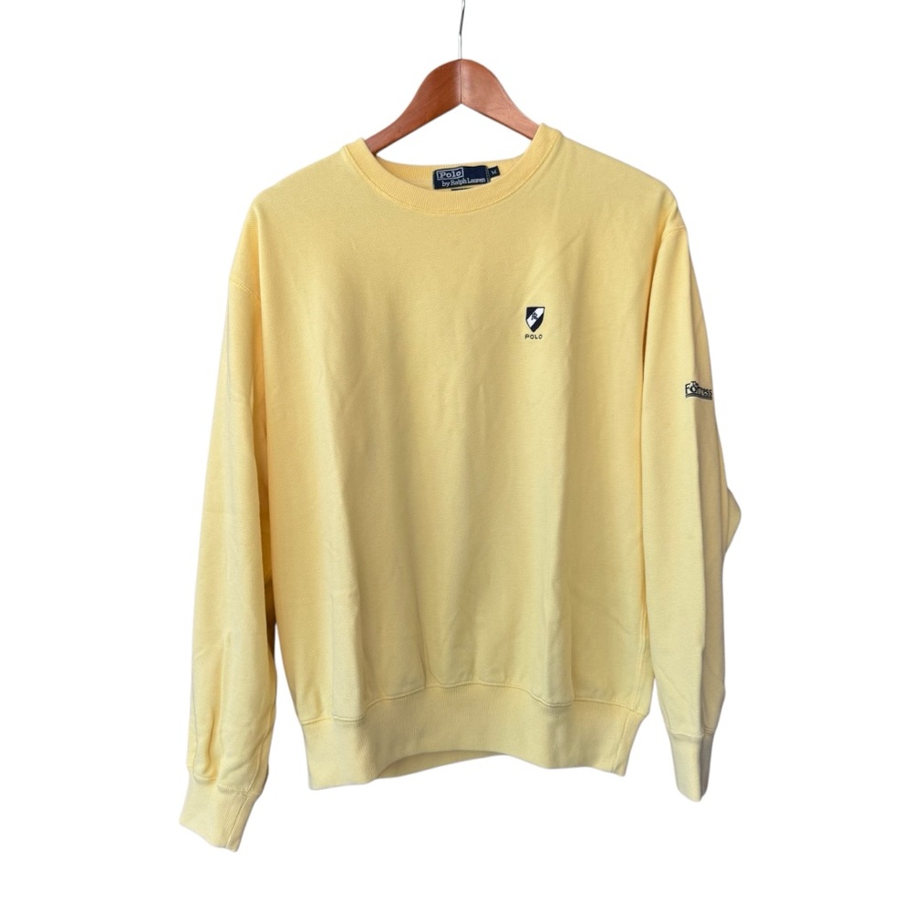 Vtg 90s Polo Ralph Lauren Pique Golf Sweatshirt Crest Yellow Med The Fortress MI